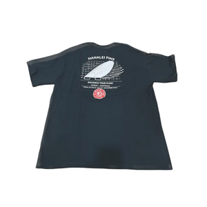 A Black short-sleeve t-shirt shown from the back, featuring a white surfboard graphic with 'HANALEI FINS' text and a red circular logo.